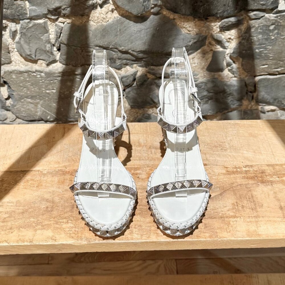 Christian Louboutin White Leather Studded Pyraclou Wedge 110 Sandals - Picture 2 of 15